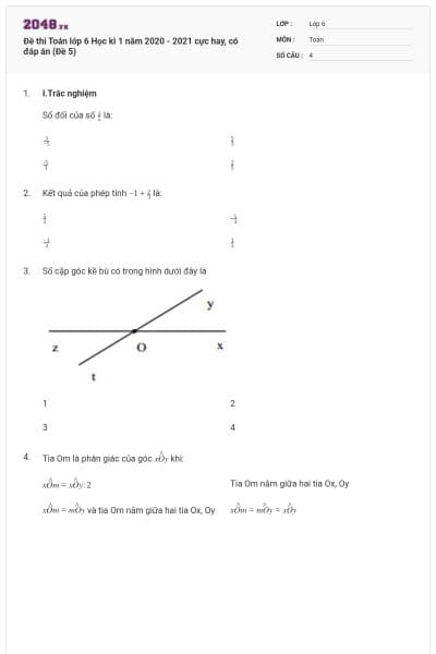 Đề thi Toán lớp 6 Học kì 1 năm 2020 - 2021 cực hay, có đáp án (Đề 5)