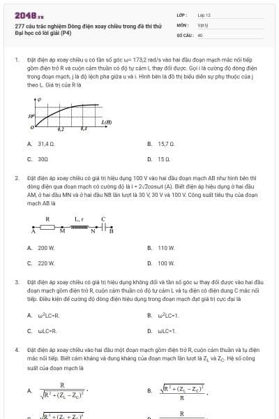 277 câu trắc nghiệm Dòng điện xoay chiều trong đề thi thử Đại học có lời giải (P4)
