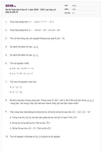 Đề thi Toán lớp 6 Học kì 1 năm 2020 - 2021 cực hay, có đáp án (Đề 4)