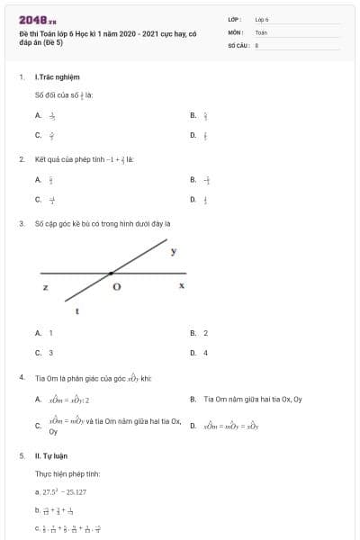 Đề thi Toán lớp 6 Học kì 1 năm 2020 - 2021 cực hay, có đáp án (Đề 5)