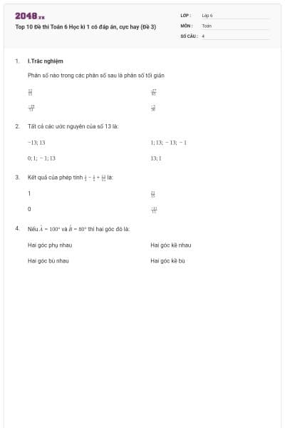 Top 10 Đề thi Toán 6 Học kì 1 có đáp án, cực hay (Đề 3)