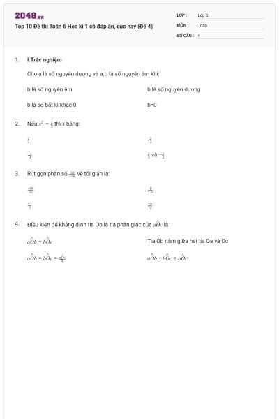 Top 10 Đề thi Toán 6 Học kì 1 có đáp án, cực hay (Đề 4)