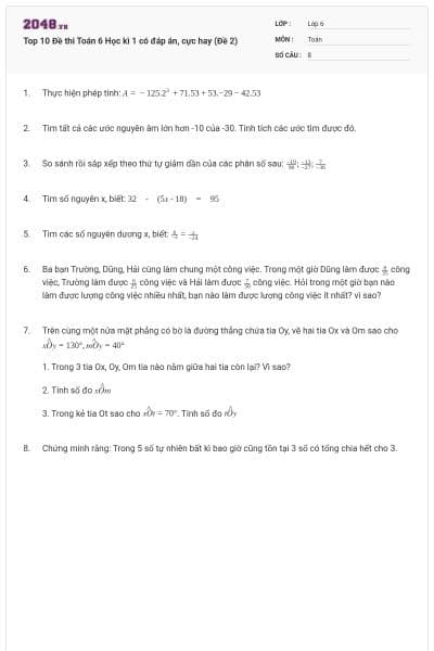 Top 10 Đề thi Toán 6 Học kì 1 có đáp án, cực hay (Đề 2)
