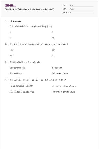 Top 10 Đề thi Toán 6 Học kì 1 có đáp án, cực hay (Đề 5)