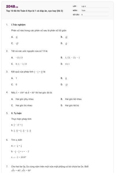 Top 10 Đề thi Toán 6 Học kì 1 có đáp án, cực hay (Đề 3)
