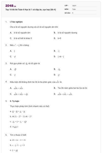 Top 10 Đề thi Toán 6 Học kì 1 có đáp án, cực hay (Đề 4)