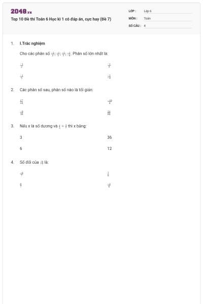 Top 10 Đề thi Toán 6 Học kì 1 có đáp án, cực hay (Đề 7)
