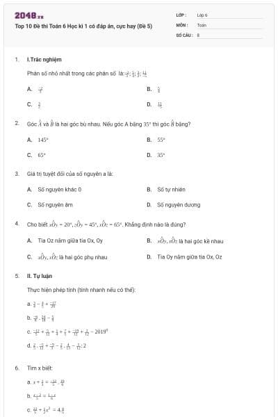 Top 10 Đề thi Toán 6 Học kì 1 có đáp án, cực hay (Đề 5)