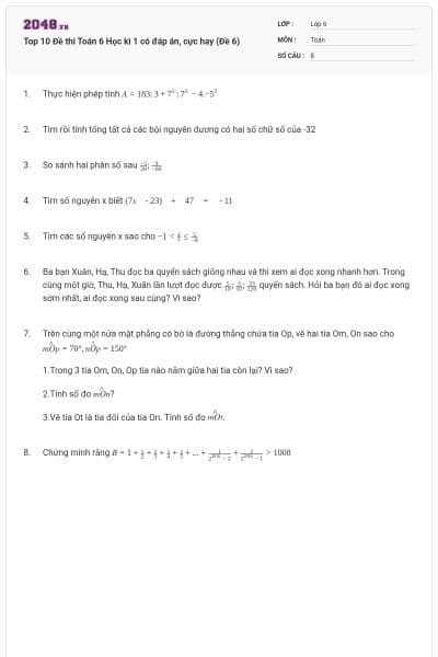 Top 10 Đề thi Toán 6 Học kì 1 có đáp án, cực hay (Đề 6)