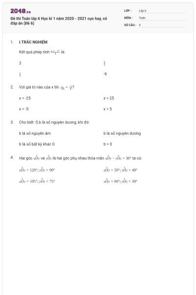 Đề thi Toán lớp 6 Học kì 1 năm 2020 - 2021 cực hay, có đáp án (Đề 6)