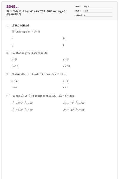 Đề thi Toán lớp 6 Học kì 1 năm 2020 - 2021 cực hay, có đáp án (Đề 7)