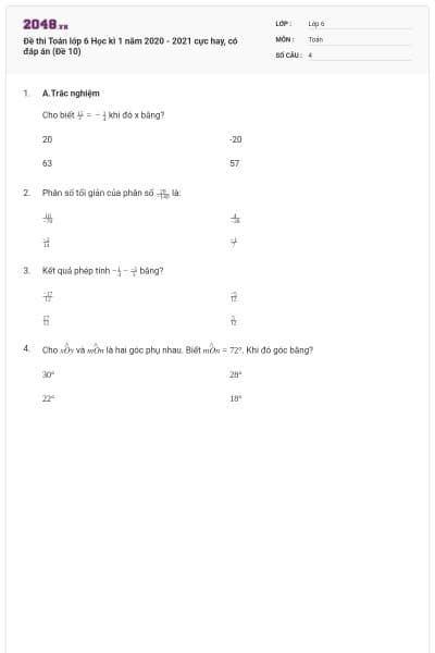 Đề thi Toán lớp 6 Học kì 1 năm 2020 - 2021 cực hay, có đáp án (Đề 10)