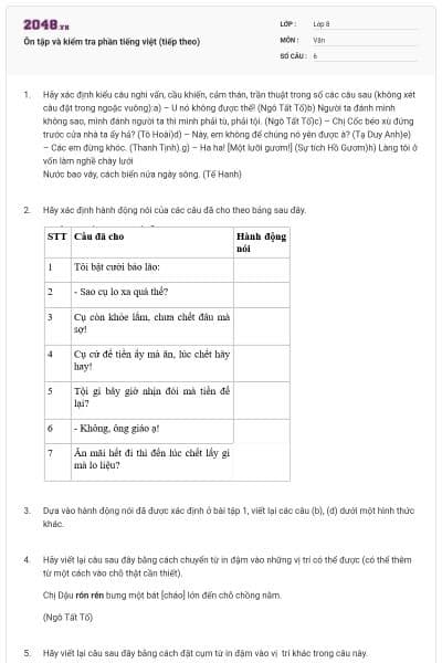 Ôn tập và kiểm tra phần tiếng việt (tiếp theo)