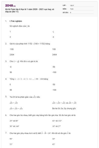 Đề thi Toán lớp 6 Học kì 1 năm 2020 - 2021 cực hay, có đáp án (Đề 11)