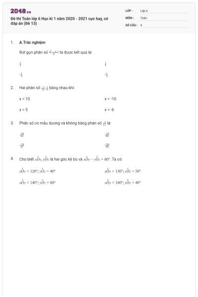 Đề thi Toán lớp 6 Học kì 1 năm 2020 - 2021 cực hay, có đáp án (Đề 13)