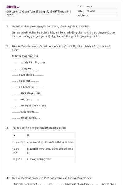 Giải Luyện từ và câu Tuần 25 trang 44, 45 VBT Tiếng Việt 4 Tập 2