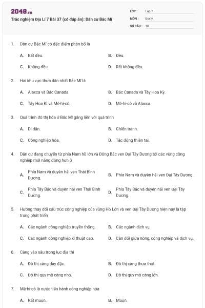 Trắc nghiệm Địa Lí 7 Bài 37 (có đáp án): Dân cư Bắc Mĩ
