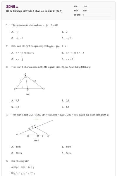 Đề thi Giữa học kì 2 Toán 8 chọn lọc, có đáp án (Đề 1)