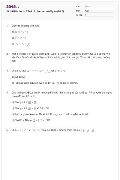 Đề thi Giữa học kì 2 Toán 8 chọn lọc, có đáp án (Đề 2)