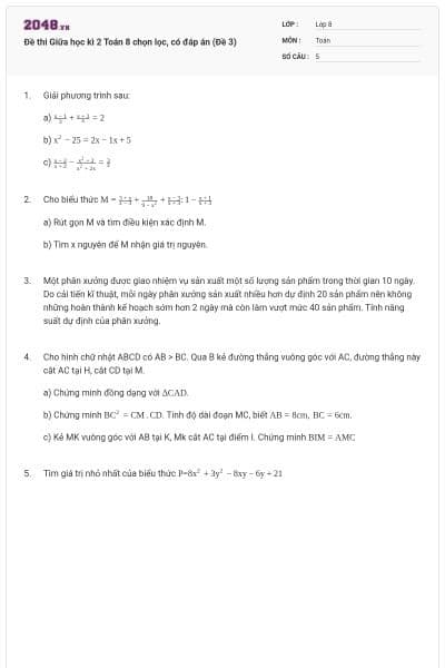 Đề thi Giữa học kì 2 Toán 8 chọn lọc, có đáp án (Đề 3)