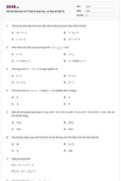 Đề thi Giữa học kì 2 Toán 8 chọn lọc, có đáp án (Đề 4)