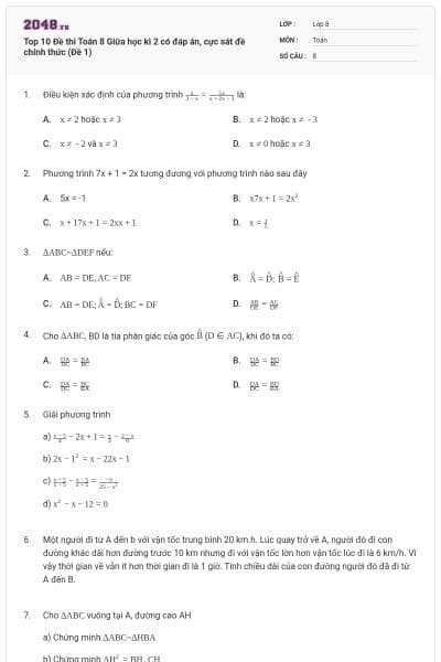 Top 10 Đề thi Toán 8 Giữa học kì 2 có đáp án, cực sát đề chính thức (Đề 1)