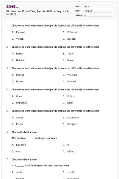 Đề thi vào lớp 10 môn Tiếng Anh năm 2020 cực hay có đáp án (Đề 9)