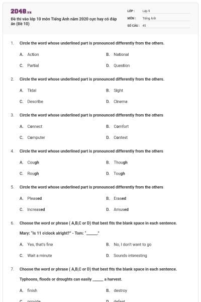 Đề thi vào lớp 10 môn Tiếng Anh năm 2020 cực hay có đáp án (Đề 10)