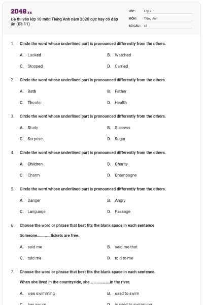 Đề thi vào lớp 10 môn Tiếng Anh năm 2020 cực hay có đáp án (Đề 11)