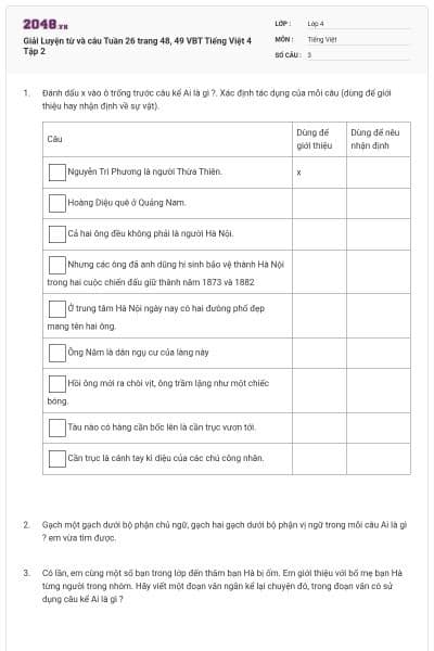 Giải Luyện từ và câu Tuần 26 trang 48, 49 VBT Tiếng Việt 4 Tập 2