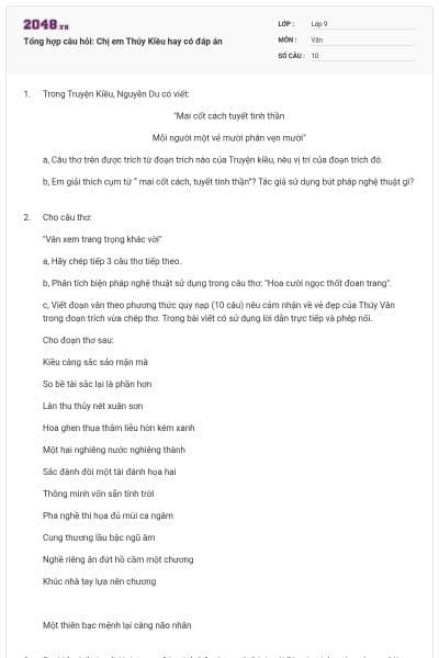 Tổng hợp câu hỏi: Chị em Thúy Kiều hay có đáp án