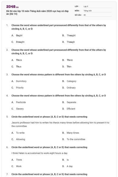 Đề thi vào lớp 10 môn Tiếng Anh năm 2020 cực hay có đáp án (Đề 14)