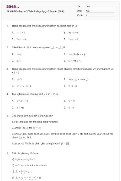 Đề thi Giữa học kì 2 Toán 8 chọn lọc, có đáp án (Đề 6)