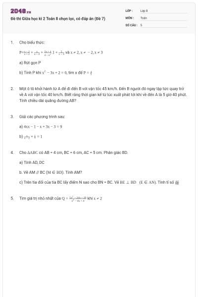 Đề thi Giữa học kì 2 Toán 8 chọn lọc, có đáp án (Đề 7)