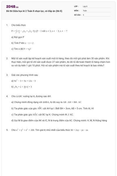 Đề thi Giữa học kì 2 Toán 8 chọn lọc, có đáp án (Đề 8)