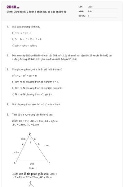 Đề thi Giữa học kì 2 Toán 8 chọn lọc, có đáp án (Đề 9)