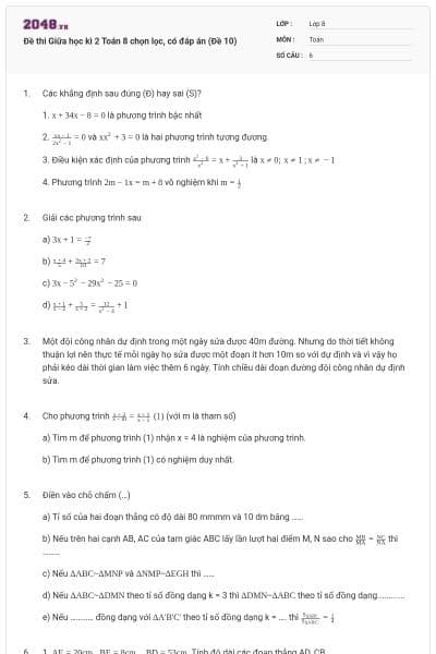 Đề thi Giữa học kì 2 Toán 8 chọn lọc, có đáp án (Đề 10)