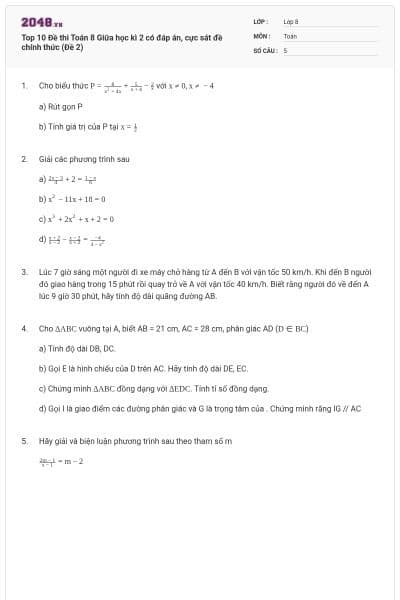 Top 10 Đề thi Toán 8 Giữa học kì 2 có đáp án, cực sát đề chính thức (Đề 2)
