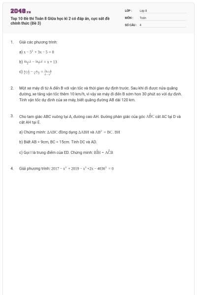 Top 10 Đề thi Toán 8 Giữa học kì 2 có đáp án, cực sát đề chính thức (Đề 3)