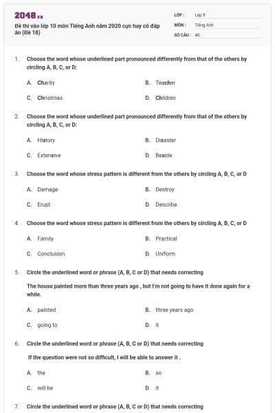 Đề thi vào lớp 10 môn Tiếng Anh năm 2020 cực hay có đáp án (Đề 18)
