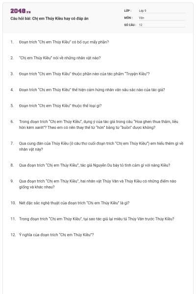 Câu hỏi bài: Chị em Thúy Kiều hay có đáp án