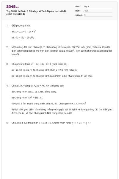 Top 10 Đề thi Toán 8 Giữa học kì 2 có đáp án, cực sát đề chính thức (Đề 4)