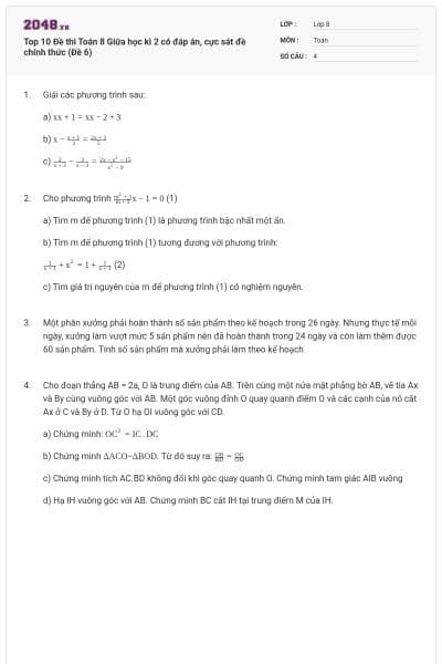Top 10 Đề thi Toán 8 Giữa học kì 2 có đáp án, cực sát đề chính thức (Đề 6)