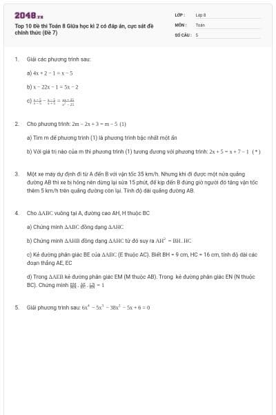 Top 10 Đề thi Toán 8 Giữa học kì 2 có đáp án, cực sát đề chính thức (Đề 7)