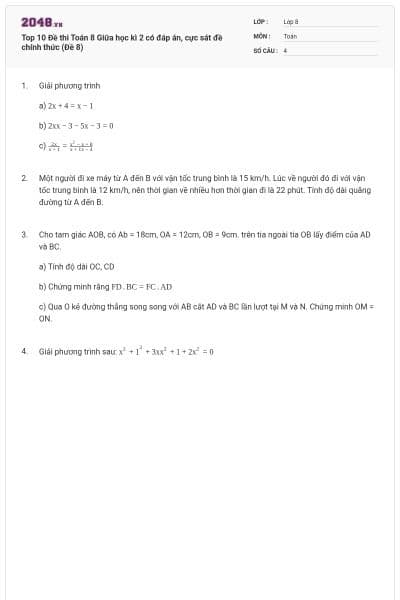 Top 10 Đề thi Toán 8 Giữa học kì 2 có đáp án, cực sát đề chính thức (Đề 8)