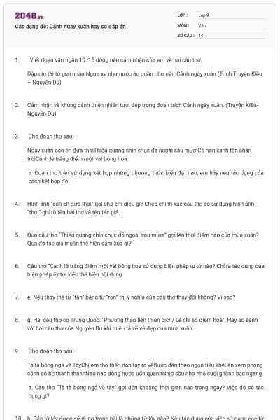 Các dạng đề: Cảnh ngày xuân hay có đáp án