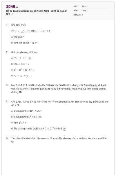Đề thi Toán lớp 8 Giữa học kì 2 năm 2020 - 2021 có đáp án (Đề 1)