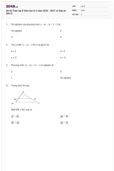 Đề thi Toán lớp 8 Giữa học kì 2 năm 2020 - 2021 có đáp án (Đề 5)