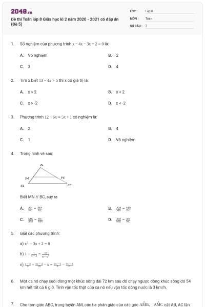 Đề thi Toán lớp 8 Giữa học kì 2 năm 2020 - 2021 có đáp án (Đề 5)
