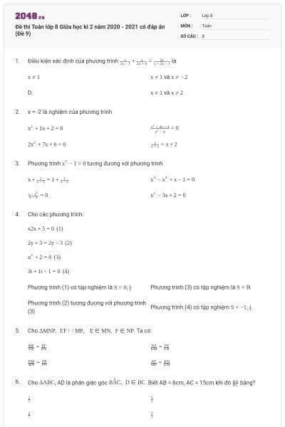Đề thi Toán lớp 8 Giữa học kì 2 năm 2020 - 2021 có đáp án (Đề 9)